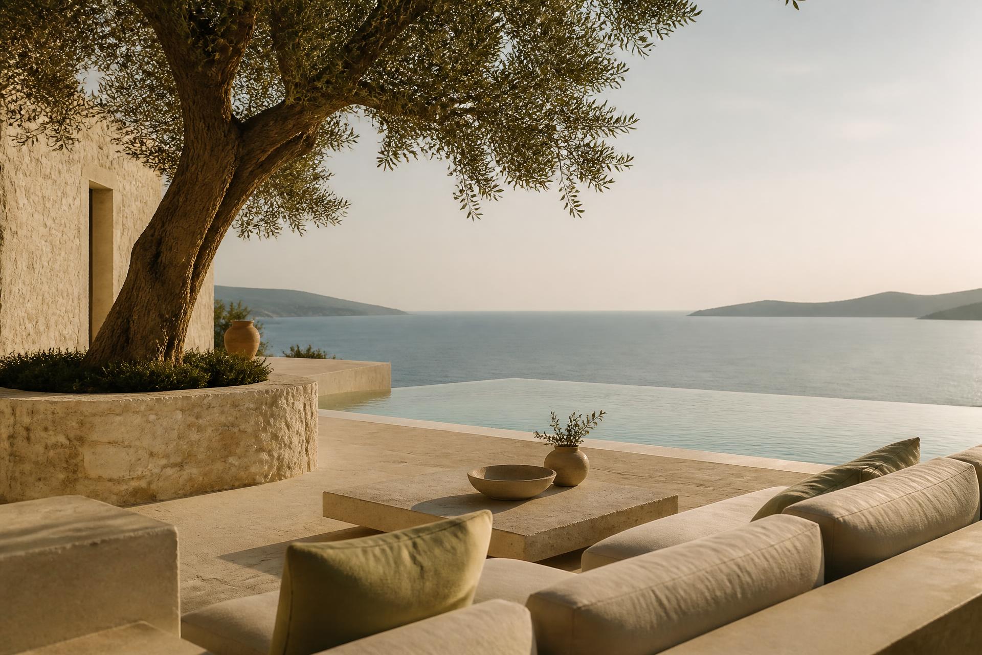 Greek villa terrace with olive tree overlooking the Aegean sea at golden hour